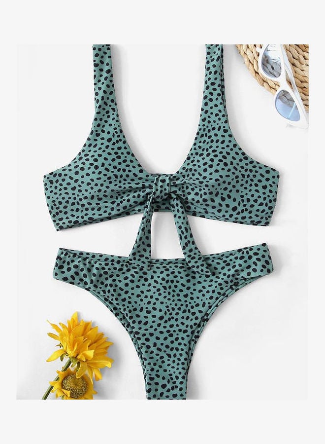 Women Dot Printing Double Straps Lacing Swimsuit Green - Image 2