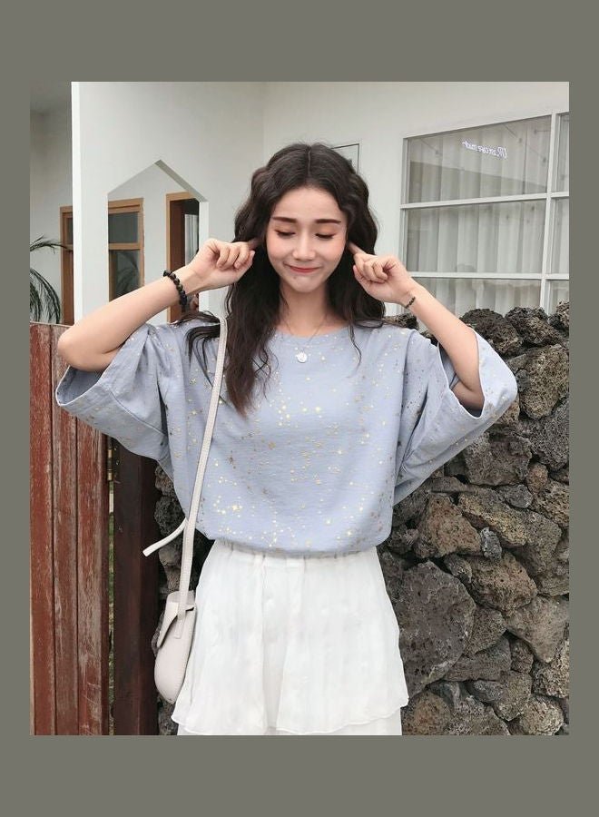 Round Neck Solid Color Cotton Top Fog Blue - Image 1