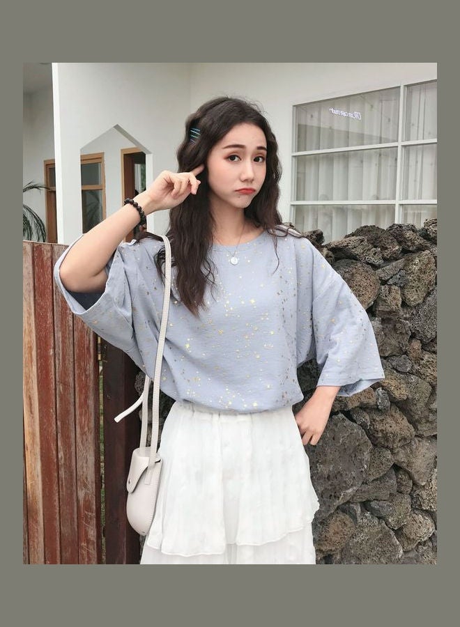 Round Neck Solid Color Cotton Top Fog Blue - Image 2