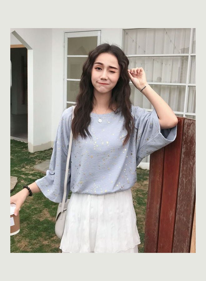 Round Neck Solid Color Cotton Top Fog Blue - Image 3