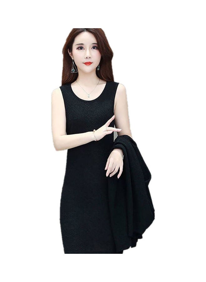 Two-Piece Round Collar Mid-Long Cardigan Dress Suit Black