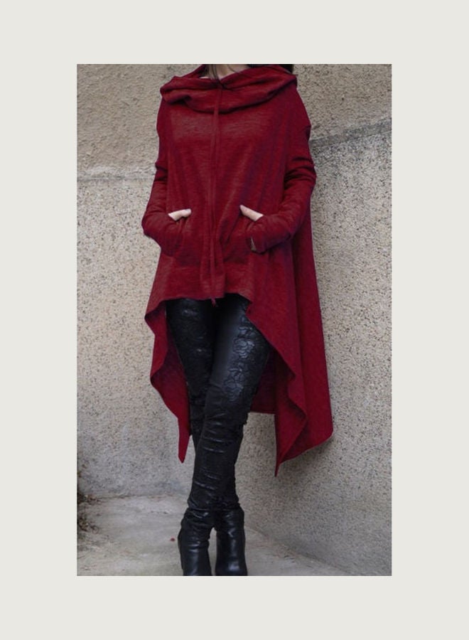 Women Chic Casual Solid Colour Hooded Sweatshirt Red  - Image 2