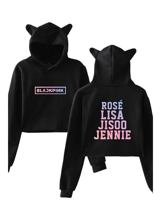 Cute Letter Printing Cat Ears Hooded Pullover Black - Image 1