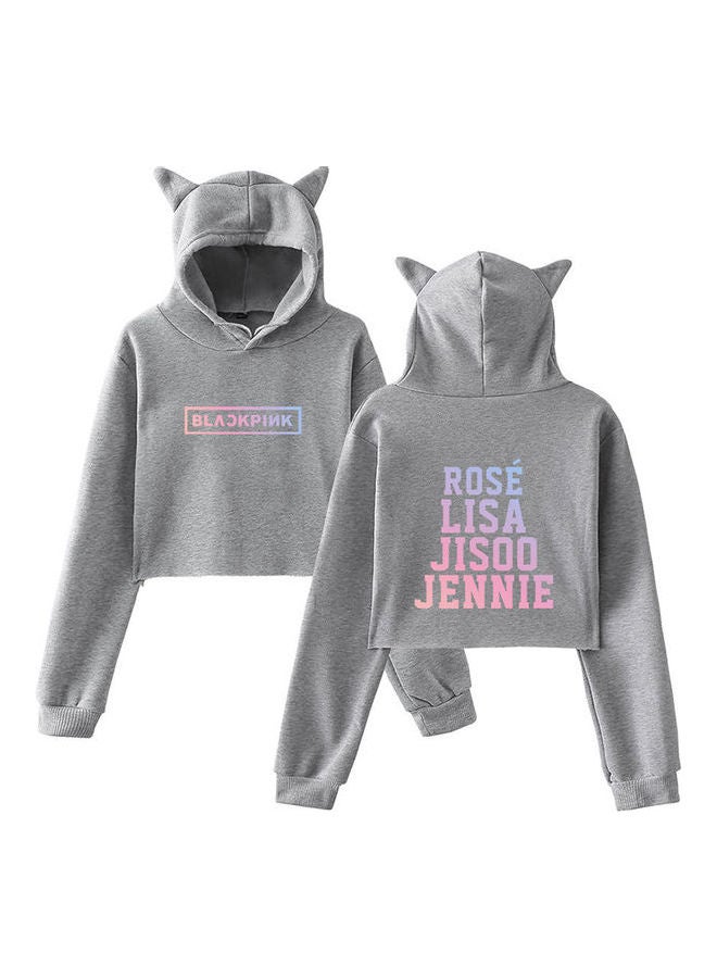 Cute Letter Printing Cat Ears Hooded Pullover Grey - Image 1