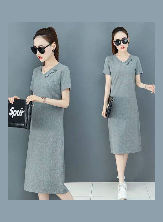 Casual Short-sleeved V-collar Long Dress Grey  - Image 1