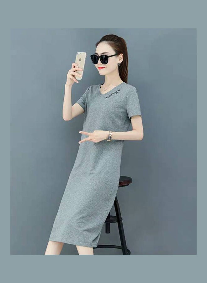 Casual Short-sleeved V-collar Long Dress Grey  - Image 2