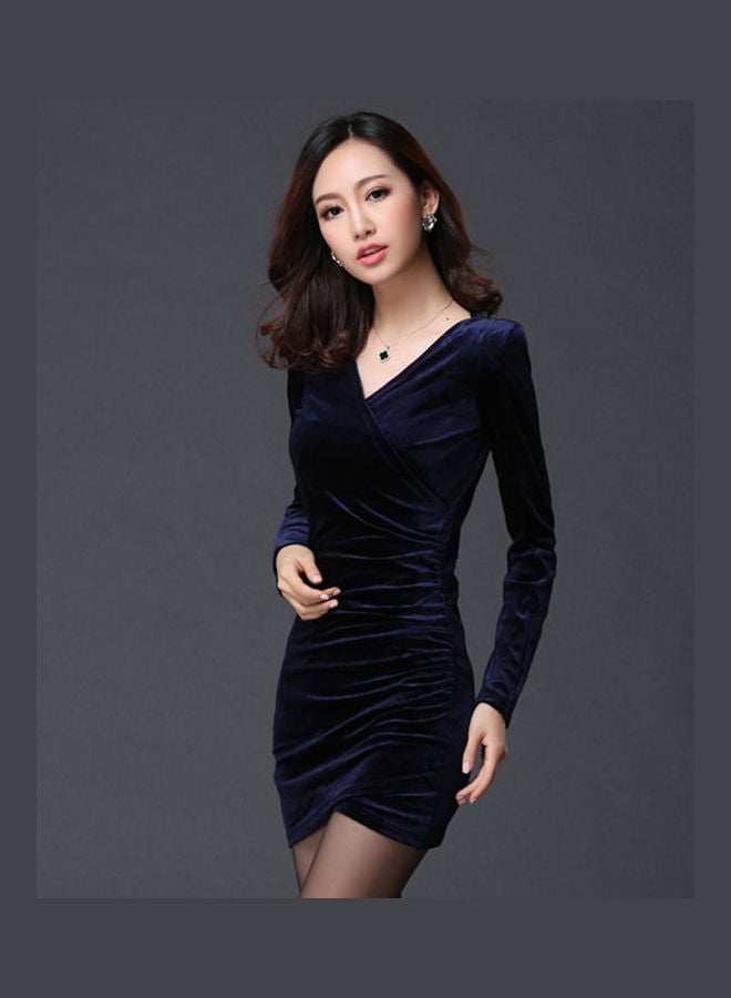 Long Sleeve Defined Waist Buttock-Wrapped Velvet Dress Royal blue - Image 3