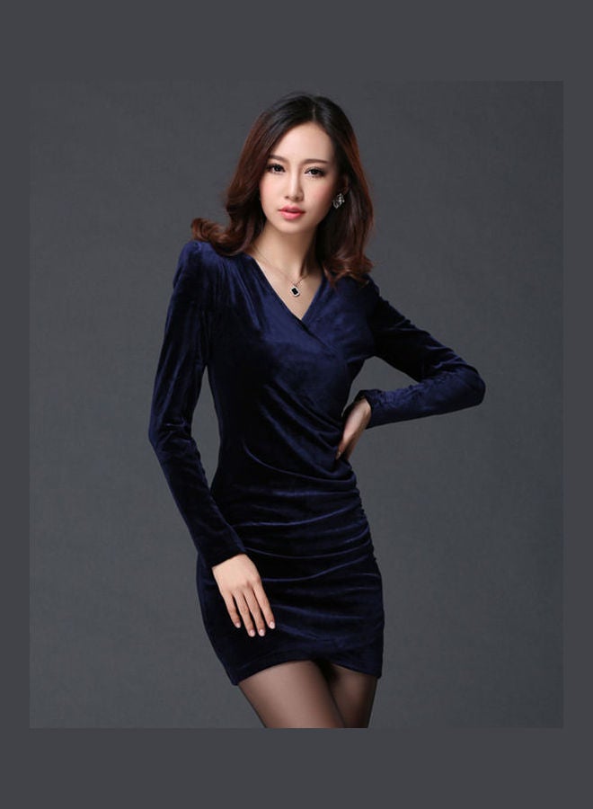 Long Sleeve Defined Waist Buttock-Wrapped Velvet Dress Royal blue - Image 5