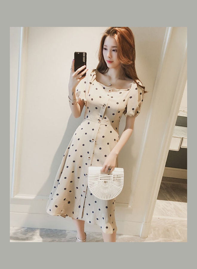 Fashionable Elegant Retro Polka Vintage Casual Dress with Puffed Sleeves Beige - Image 1