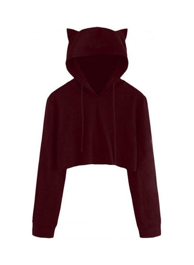 Long Sleeve Short Hooded Sweatshirt Wine Red - Image 1