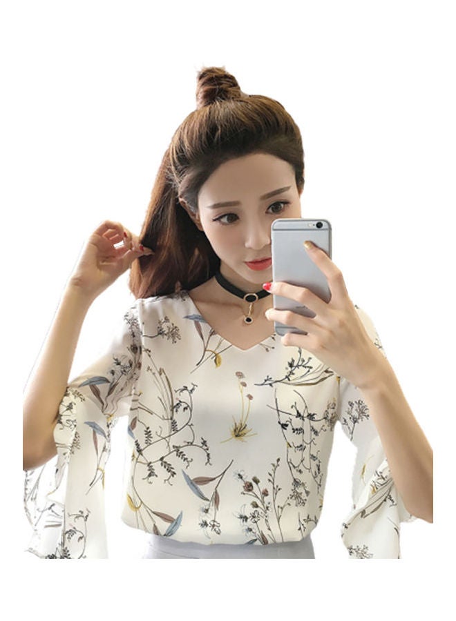 Short Sleeve Chiffon Floral Printing Tops White  - Image 1