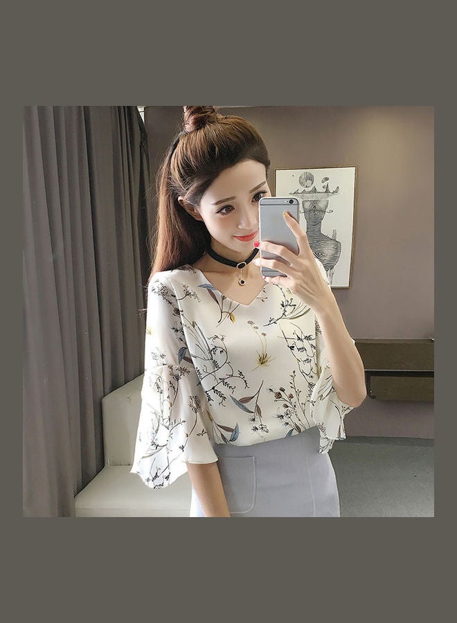 Short Sleeve Chiffon Floral Printing Tops White  - Image 3