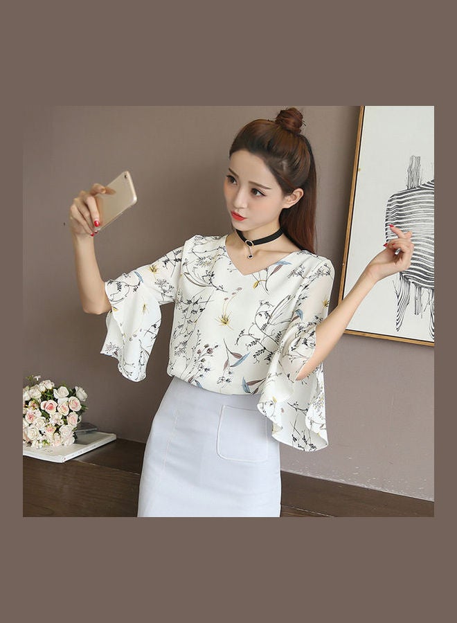 Short Sleeve Chiffon Floral Printing Tops White  - Image 5