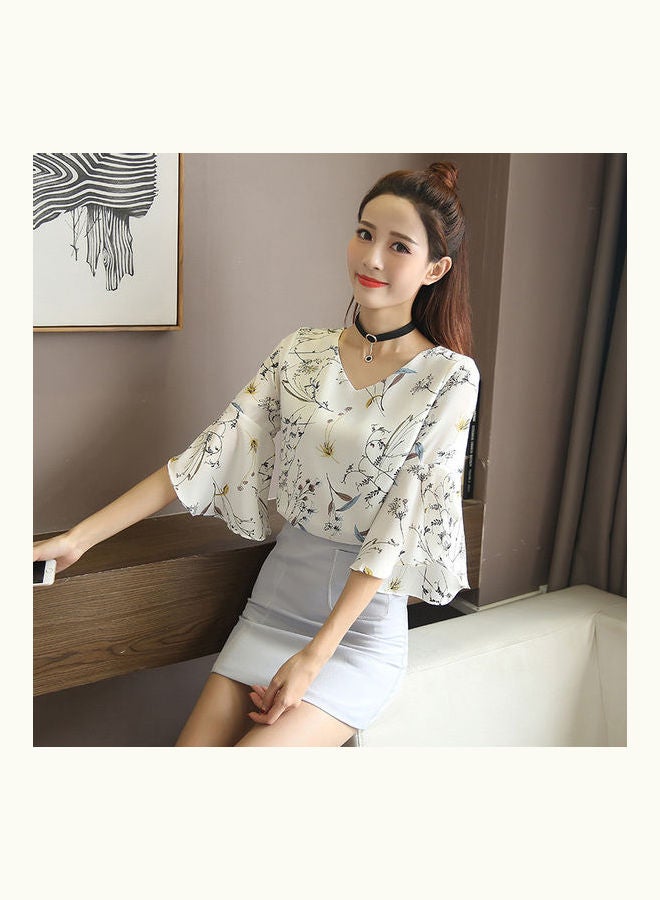 Short Sleeve Chiffon Floral Printing Tops White  - Image 4