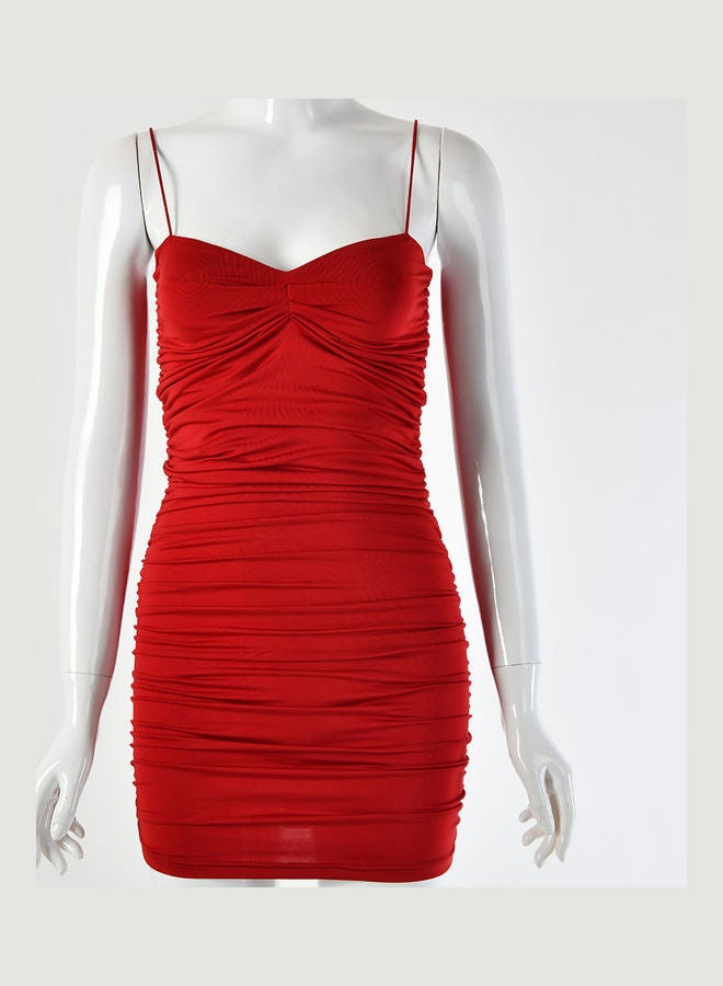 Woman Low-cut Ruffled Sling V-neck Cocktail Dress Wine Red 
