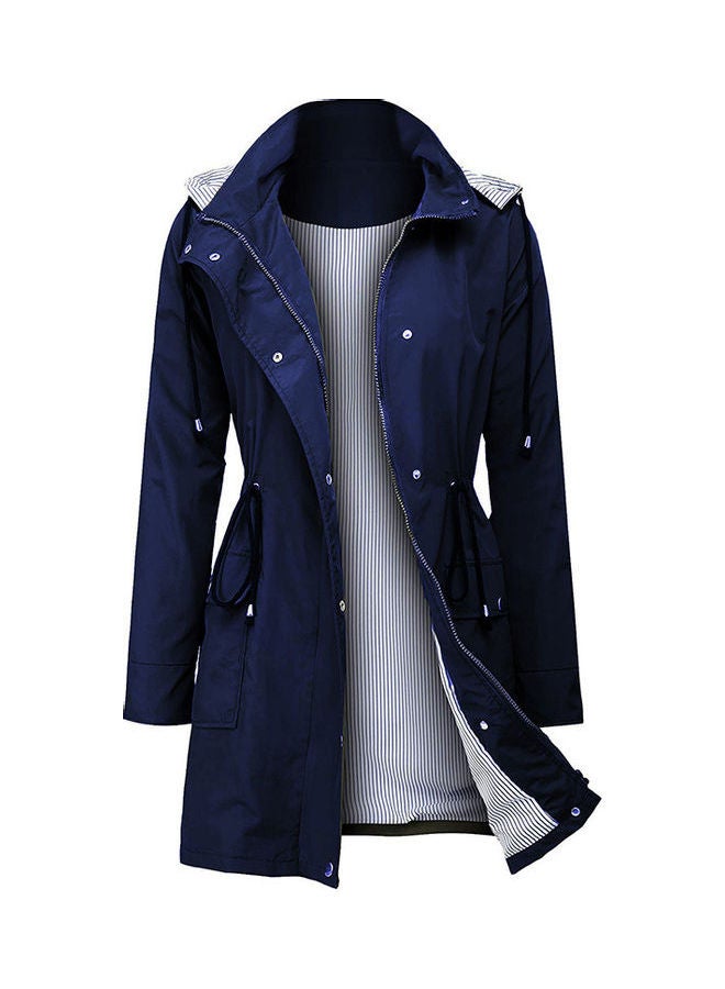 Woman Waterproof Raincoat Lightweight Rain Jacket Hooded Trench Coats Navy - Image 1
