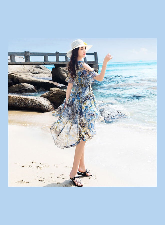 Bohemian Style Beach Dress Blue/White/Brown - Image 4