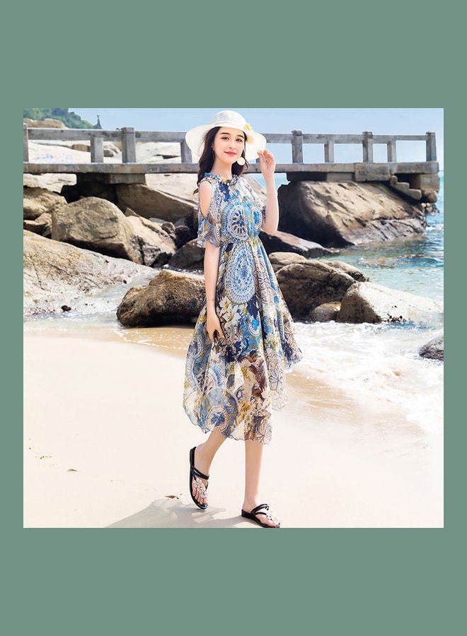 Bohemian Style Beach Dress Blue/White/Brown - Image 3