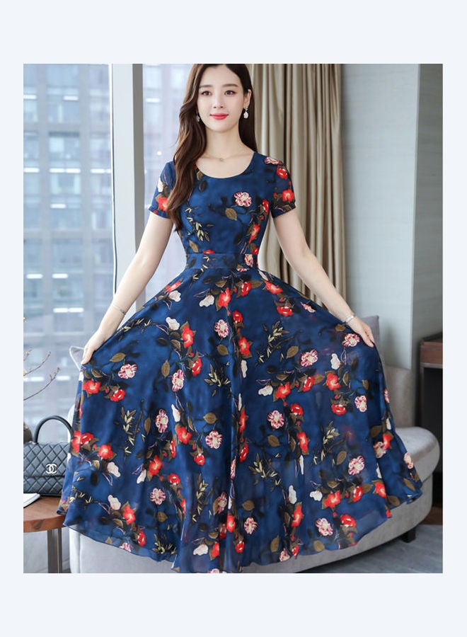 Short Sleeves Floral Printing Dress Navy Blue  - Image 2