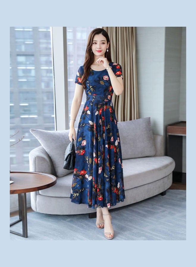 Short Sleeves Floral Printing Dress Navy Blue  - Image 1