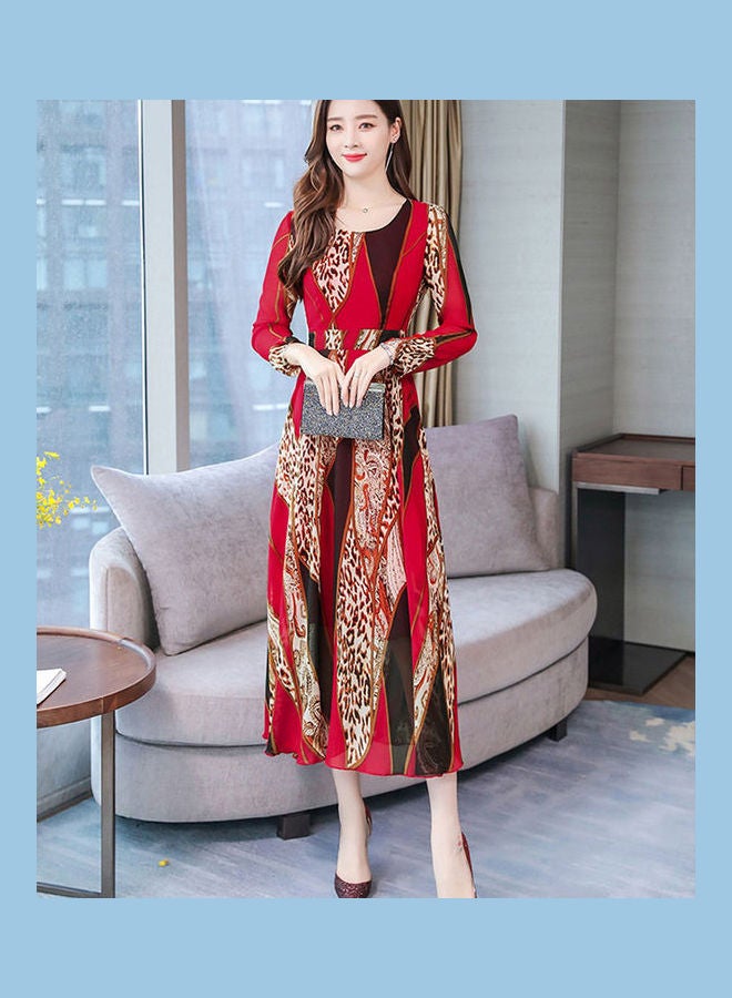 فستان بقصة ضيقة وأكمام طويلة مع حزام للنساء أحمر - Image 3