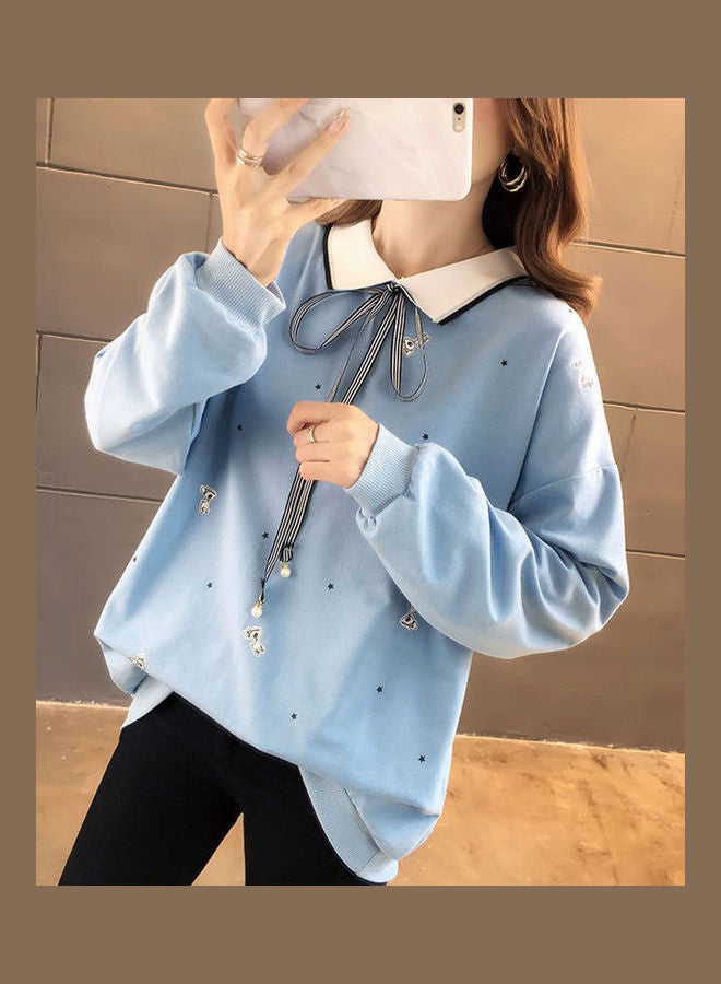 بلوزة بلوفر كاجوال بأكمام طويلة وطبعة نجوم أزرق - Image 3