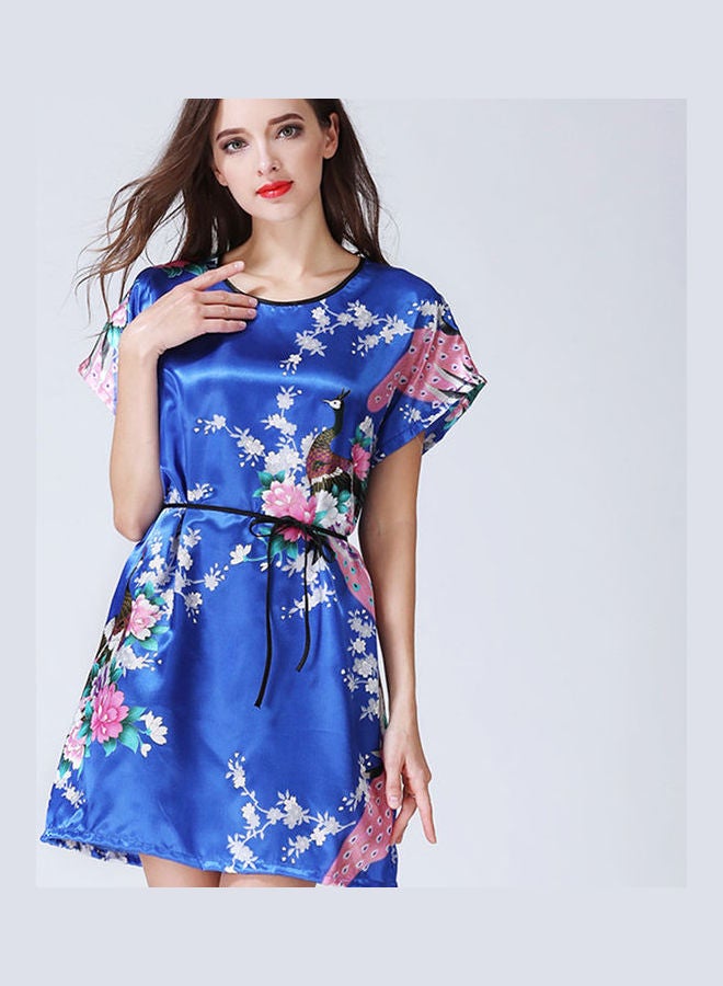 رداء نوم قصير بطبعة زهور. أزرق رويال/ وردي/ أبيض