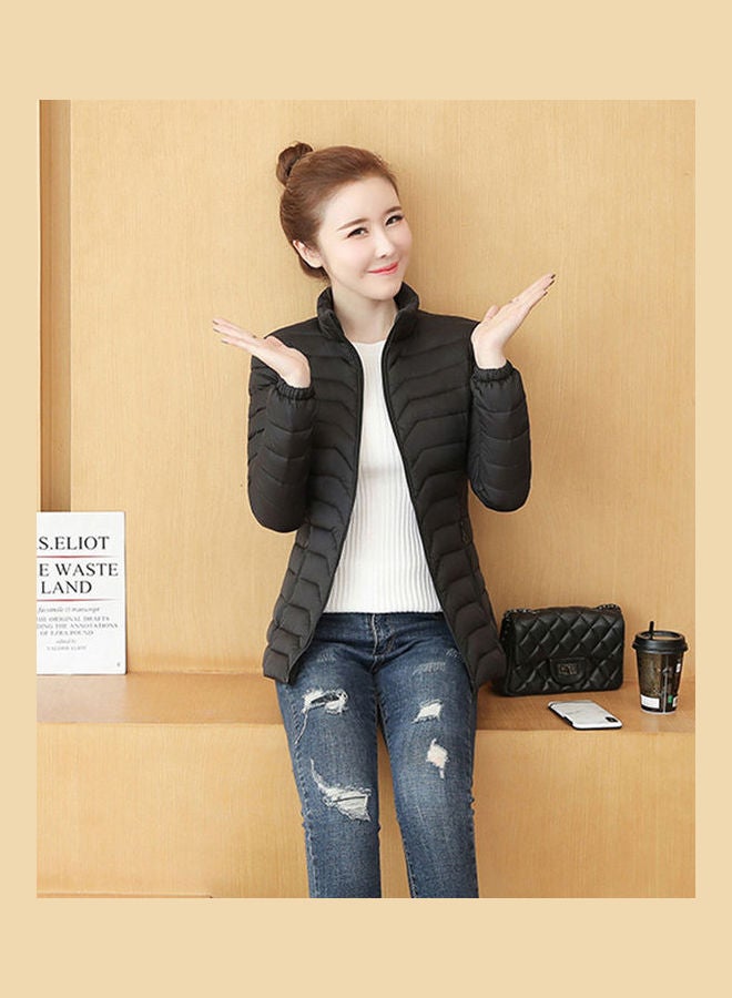 معطف شتوي بياقة قائمة للنساء أسود - Image 1