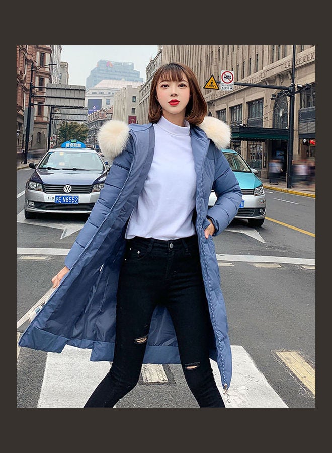 Winter Hooded Wool Collar Jacket for Women Smoky Blue - Image 1
