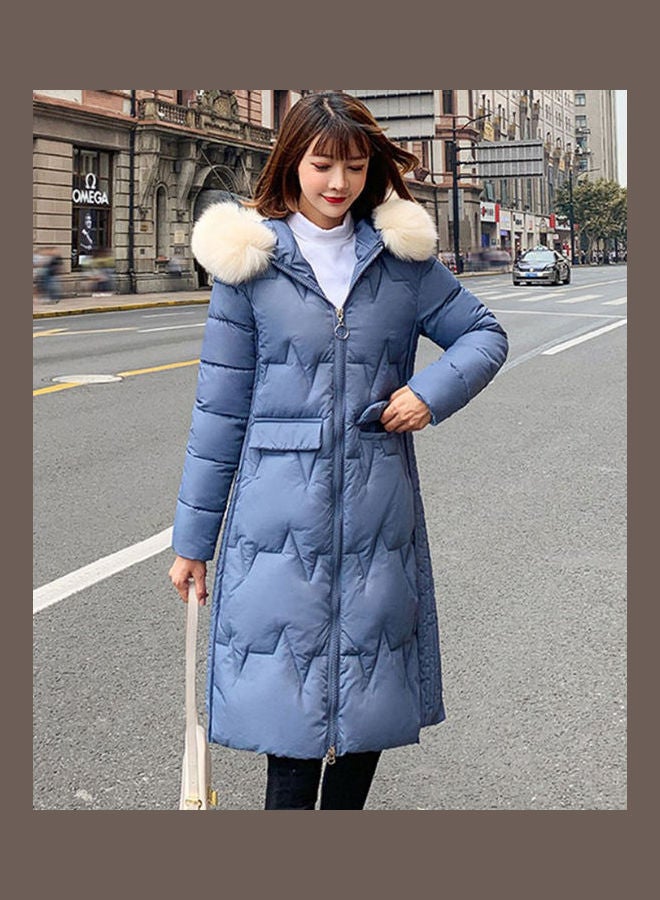 Winter Hooded Wool Collar Jacket for Women Smoky Blue - Image 3