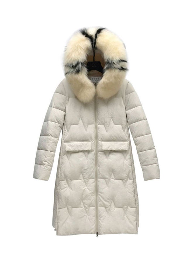Winter Hooded Wool Collar Jacket for Women White - Image 1