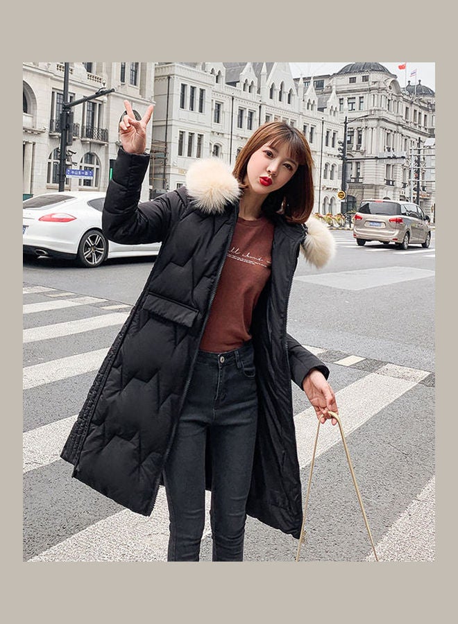 Winter Hooded Wool Collar Jacket for Women Black - Image 2