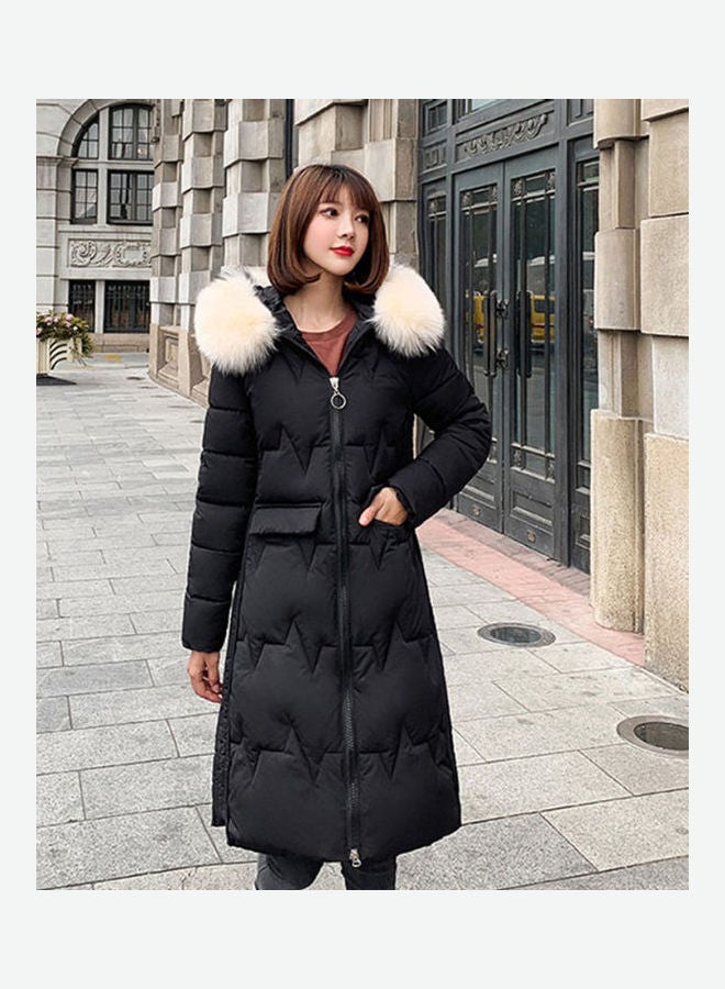 Winter Hooded Wool Collar Jacket for Women Black - Image 1