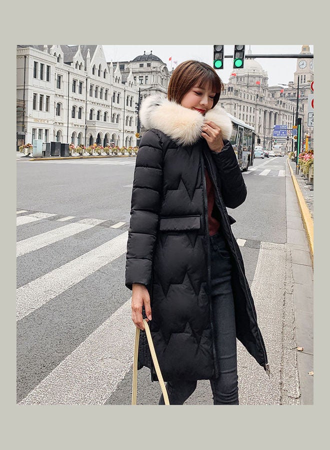 Winter Hooded Wool Collar Jacket for Women Black - Image 3
