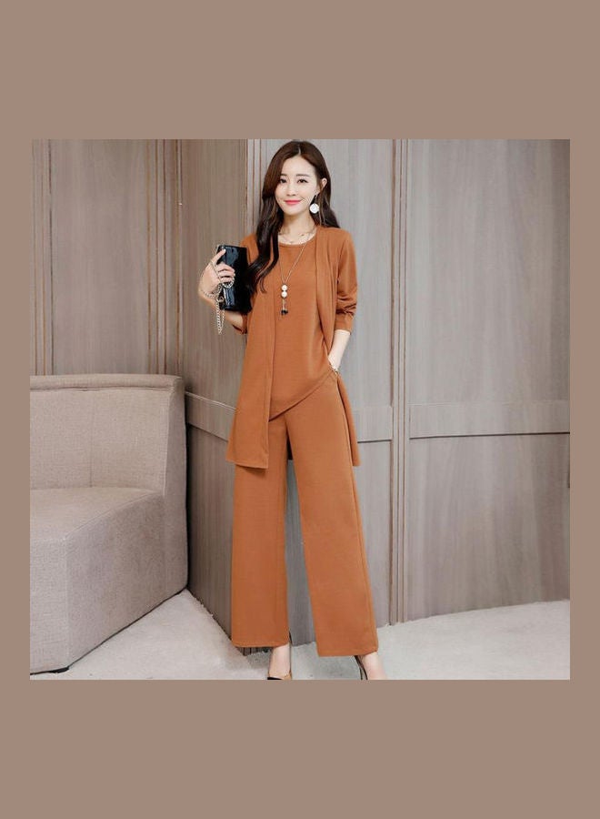 Women Autumn Winter Fashion Simple Print Three Piece Suit caramel - Image 1