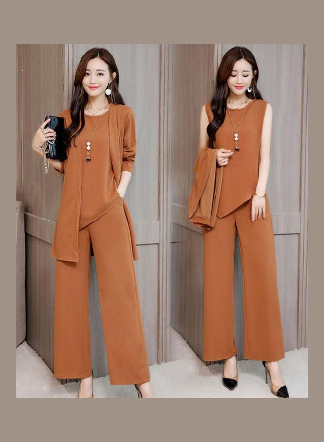 Women Autumn Winter Fashion Simple Print Three Piece Suit caramel - Image 2