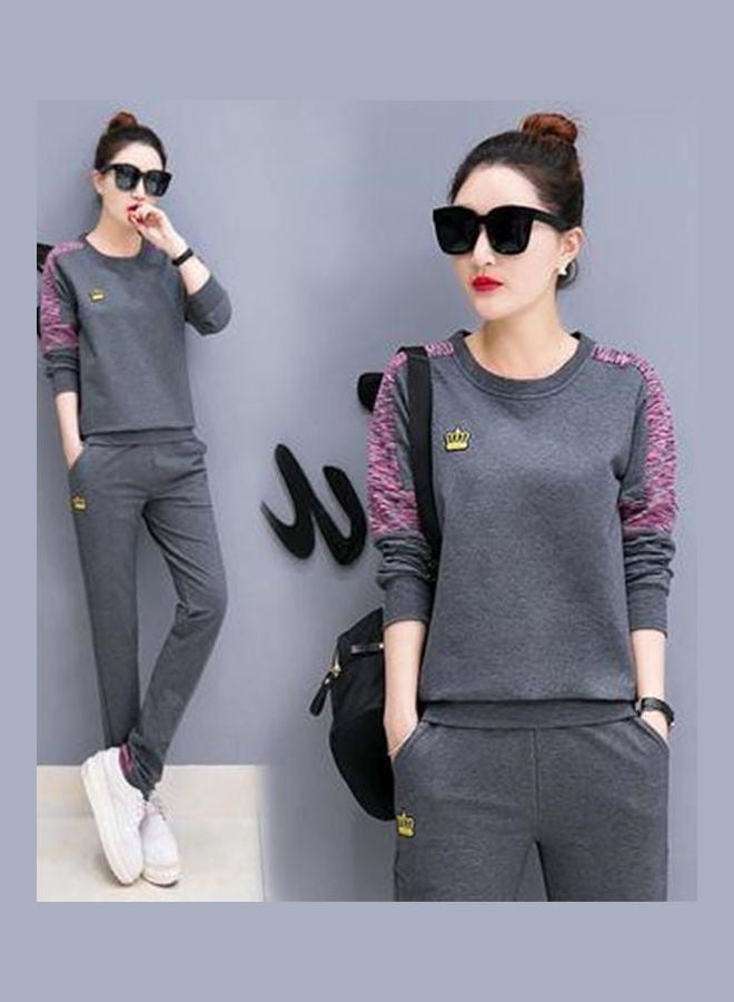 Women Lady Fashion Autumn Two-piece Print Sports Sweatshirt + Pants Grey - Image 1