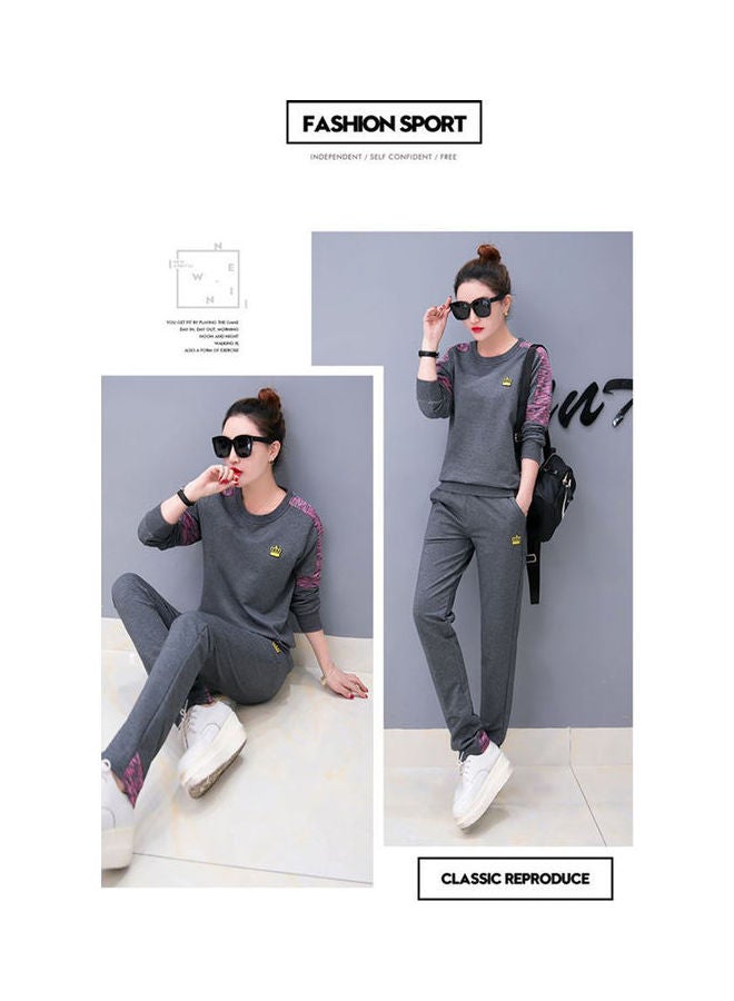 Women Lady Fashion Autumn Two-piece Print Sports Sweatshirt + Pants Grey - Image 2
