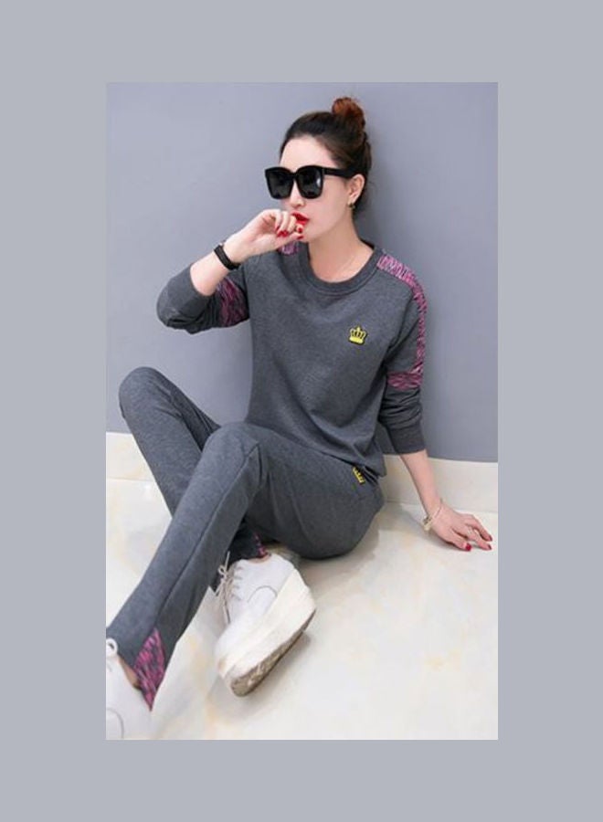 Women Lady Fashion Autumn Two-piece Print Sports Sweatshirt + Pants Grey - Image 3