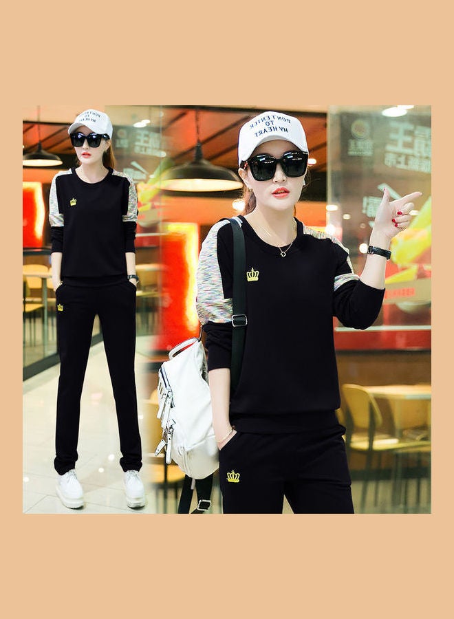 Women Lady Fashion Autumn Two-piece Print Sports Sweatshirt + Pants black - Image 1