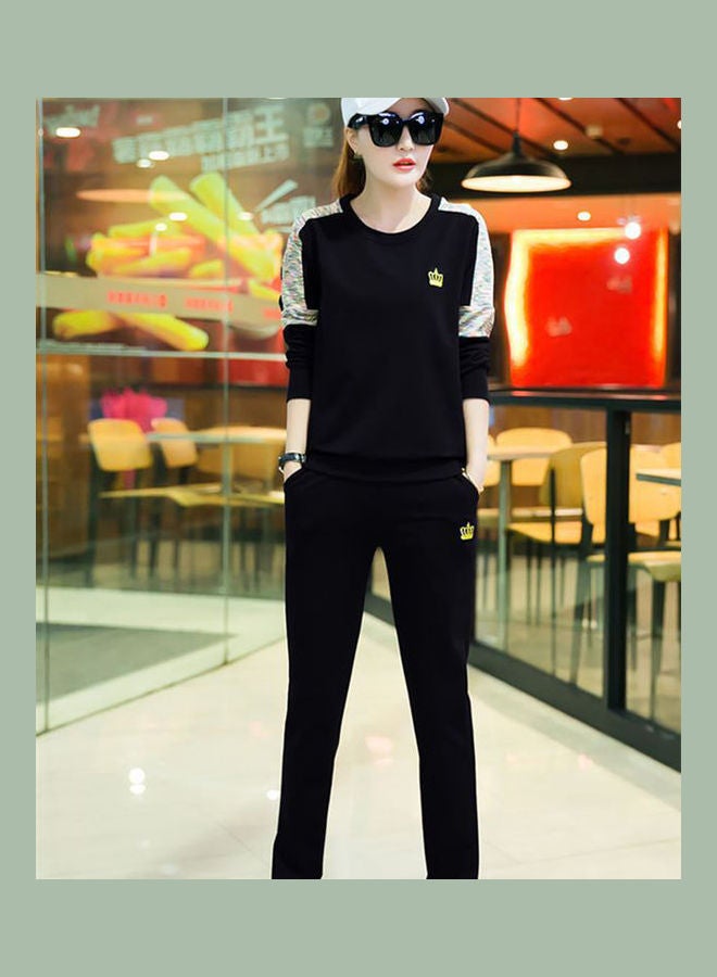 Women Lady Fashion Autumn Two-piece Print Sports Sweatshirt + Pants black - Image 2