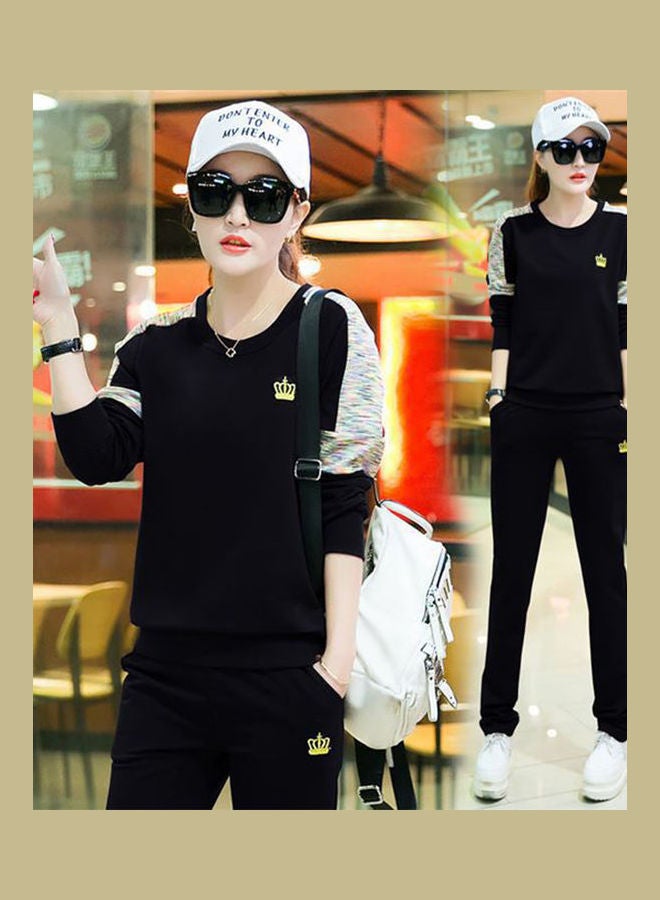 Women Lady Fashion Autumn Two-piece Print Sports Sweatshirt + Pants black - Image 4