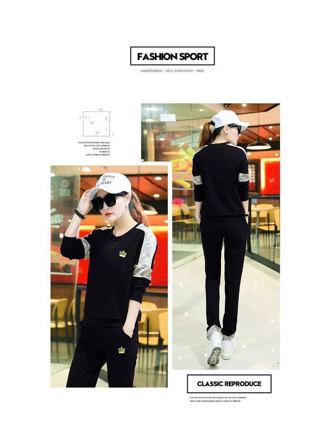 Women Lady Fashion Autumn Two-piece Print Sports Sweatshirt + Pants black - Image 5