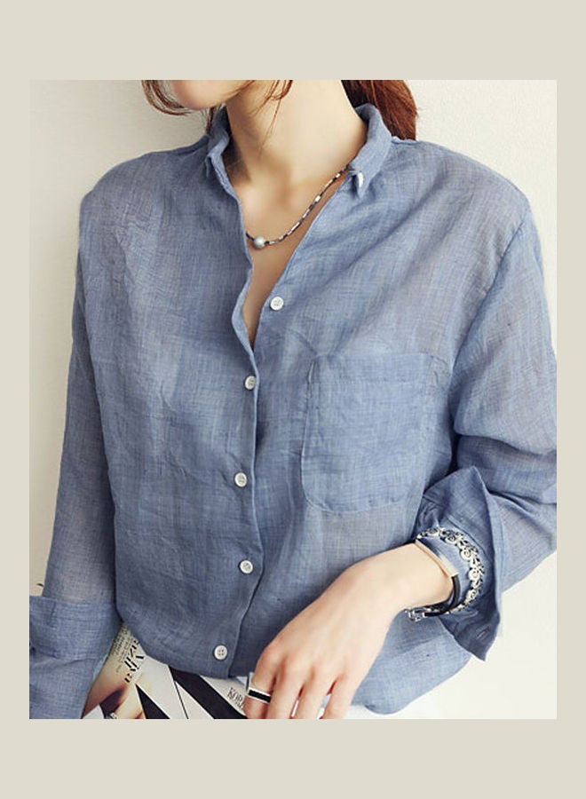 قميص سادة فضفاض واقٍ من أشعة الشمس بلون الجينز الأزرق - Image 1