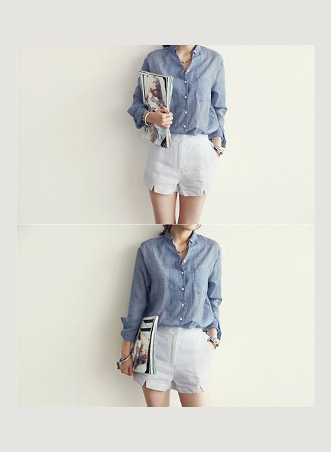 قميص سادة فضفاض واقٍ من أشعة الشمس بلون الجينز الأزرق - Image 2