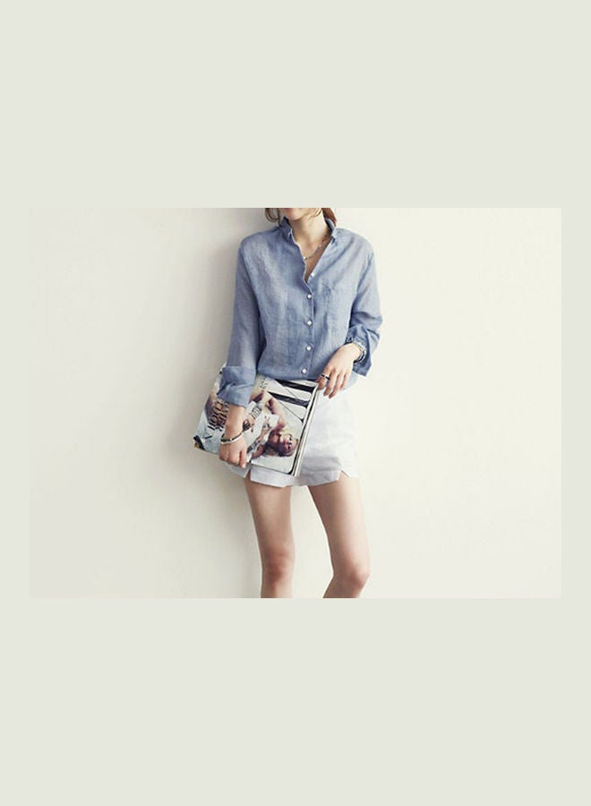 قميص سادة فضفاض واقٍ من أشعة الشمس بلون الجينز الأزرق - Image 3