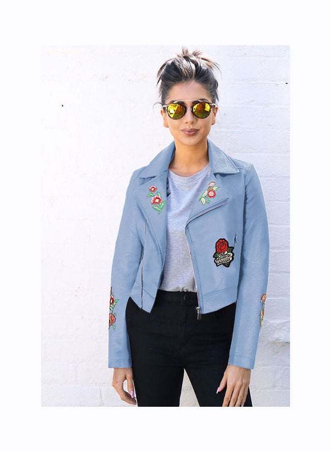 Embroidered Short Zip Up Jacket Blue/Red/Green - Image 1