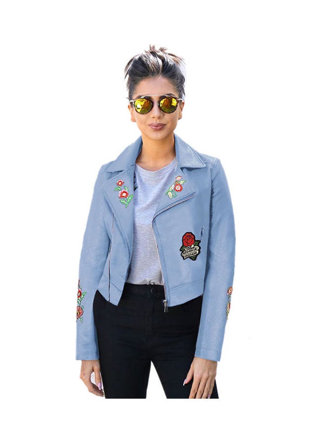 Embroidered Short Zip Up Jacket Blue/Red/Green - Image 2
