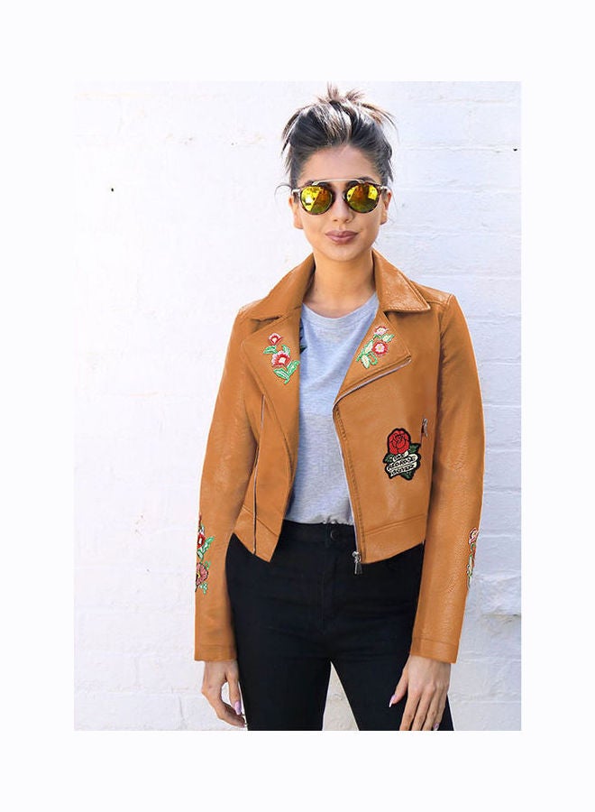 Embroidered Short Zip Up Jacket Brown/Red/Green - Image 1