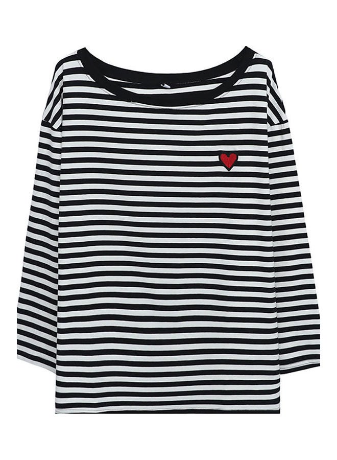 Striped Heart Embroidered T-Shirt Black/White - Image 1